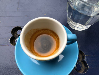 High angle view of coffee cup on table