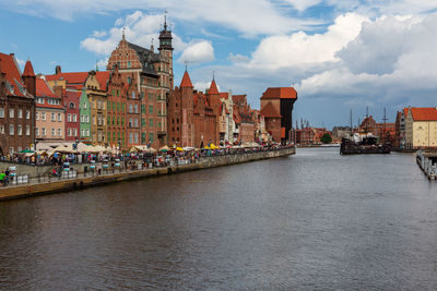 View of buildings by river against cloudy sky