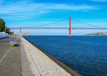 View of suspension bridge over river