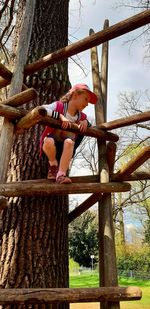 Low angle view of girl climbing on tree