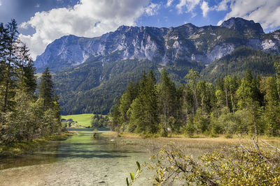 Scenic view of lake by mountains against sky