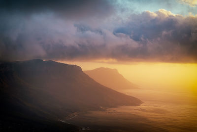 Scenic view of mountains against dramatic sky