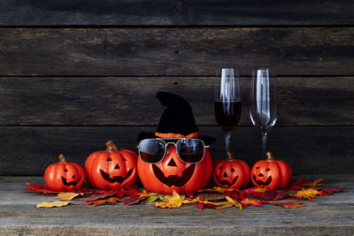 High angle view of pumpkins on table