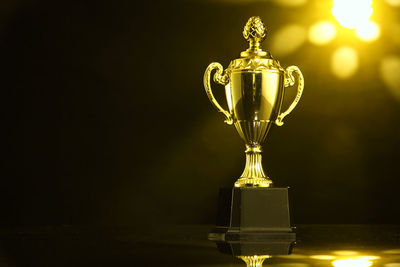 Close-up of trophy on table against illuminated lights