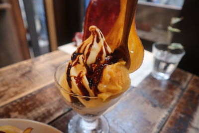 Close-up of ice cream on table