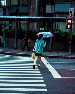 Rear view of woman holding umbrella while crossing road in city