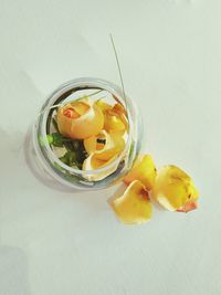 High angle view of fruits in glass on table