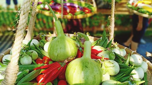 Close-up of vegetables in container for sale