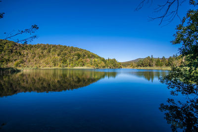 Scenic view of lake against clear blue sky