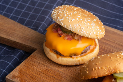 Close-up of burger on table