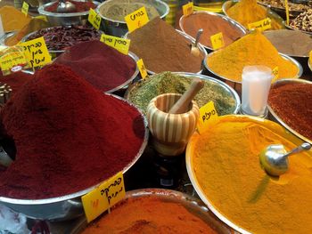 High angle view of various vegetables for sale at market stall