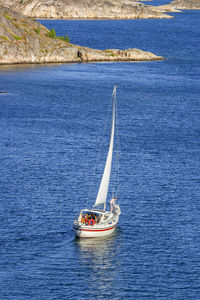High angle view of sailboat sailing on sea