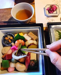 High angle view of hand holding food on table