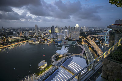 High angle view of river amidst buildings in city against sky