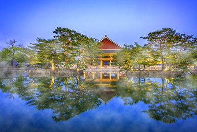 View of pine trees and gyeonghoeru pavilion with illumination and reflection on water 