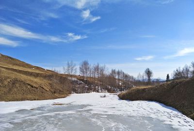 Scenic view of landscape against sky during winter