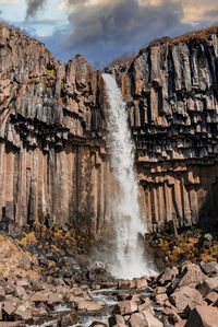 Powerful cascades of svartifoss waterfall amidst basalt columns in national park