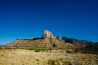 Scenic view of desert against clear blue sky