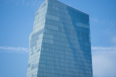 European central bank headquarters office building in frankfurt germany with blue sky background.