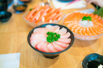 High angle view of food in bowl on table