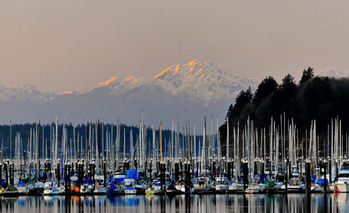 Sailboats moored at harbor against sky during sunset