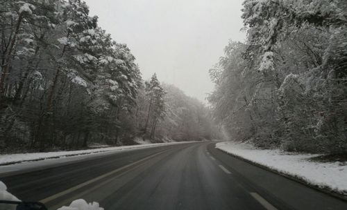 Road amidst trees against sky during winter