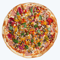 Directly above shot of pizza against white background