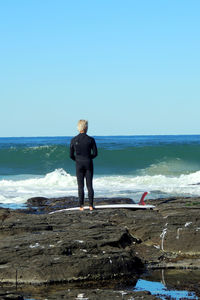Full length of man standing on beach against clear sky