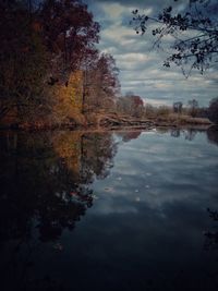 Reflection of trees in lake against sky
