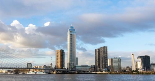 Cityscape of rotterdam on a cloudy day nearby the erasmusbridge