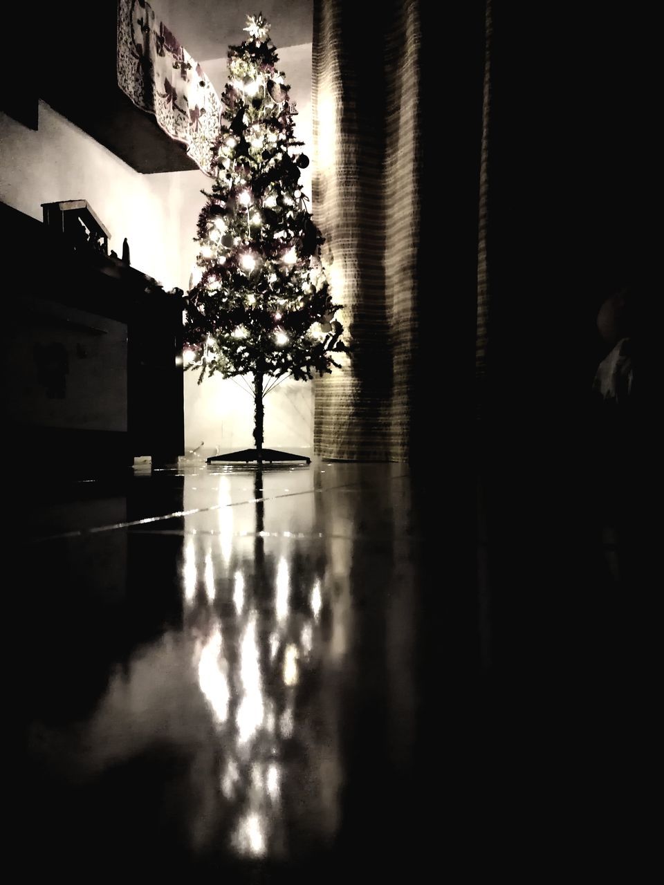 darkness, light, reflection, black, night, white, tree, architecture, nature, built structure, plant, no people, lighting, indoors, water, black and white, monochrome, decoration, silhouette, building, christmas tree, monochrome photography