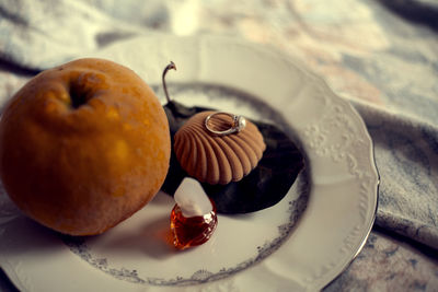 Close-up of dessert in plate on table