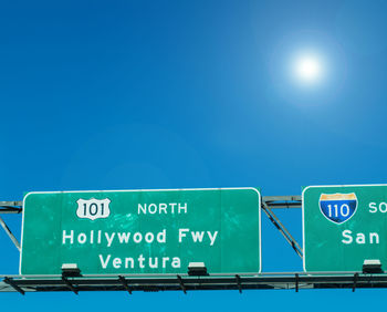 Low angle view of road sign against clear blue sky