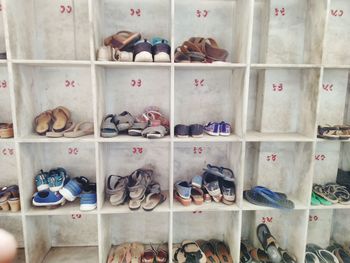 High angle view of shoes for sale