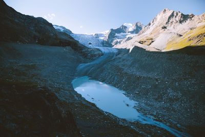 Scenic view of lake and snowcapped mountains against sky