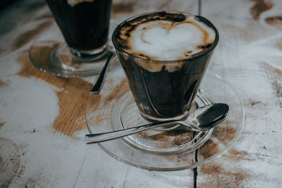 High angle view of coffee cup on table