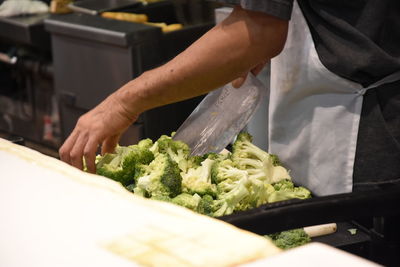 High angle view of person colleting broccoli in container