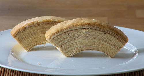 High angle view of bread in plate on table