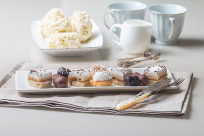 High angle view of breakfast served on table