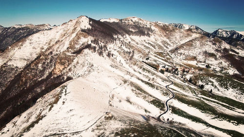 Scenic view of snowcapped mountains against clear sky