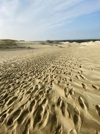 Scenic view of sand dune on beach against sky