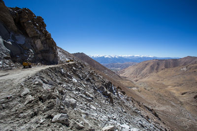 Scenic view of rocky mountains against clear blue sky