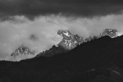 Scenic view of tien shan mountains against cloudy sky