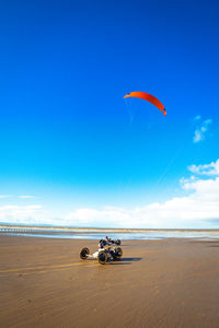 Person paragliding over beach against clear blue sky