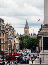 View of buildings in city against cloudy sky