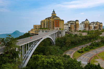 Bridge over buildings in city