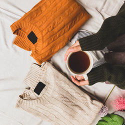 High angle view of coffee cup on table