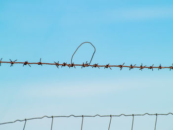 Low angle view of barbed wire against clear sky