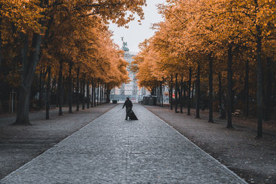 Man walking on footpath amidst autumn trees in city