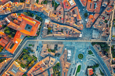 Bird-eye view of an ancient european town. ancient houses, temples. city among the hills